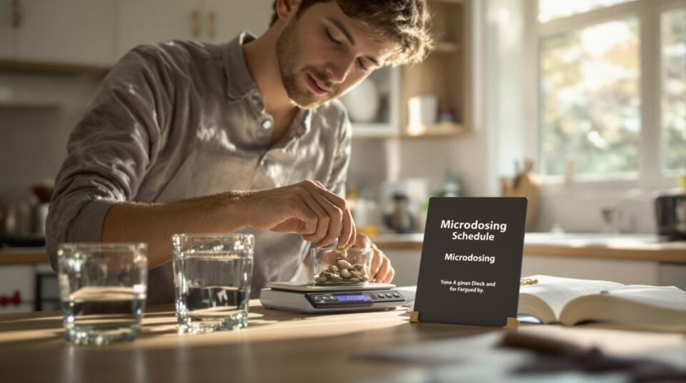 Person measuring psilocybin microdose in sunlit kitchen with schedule magnet
