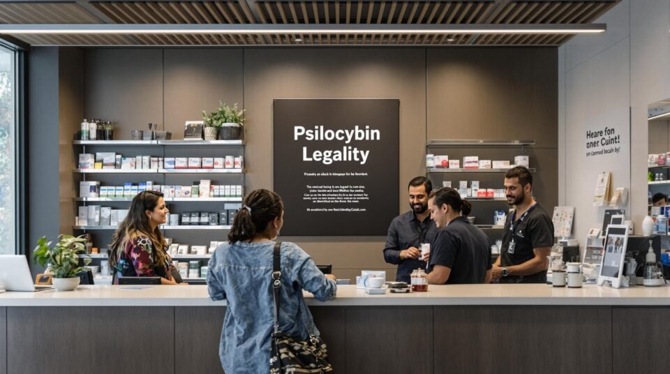 Pharmacy discussion about psilocybin legality with poster visible