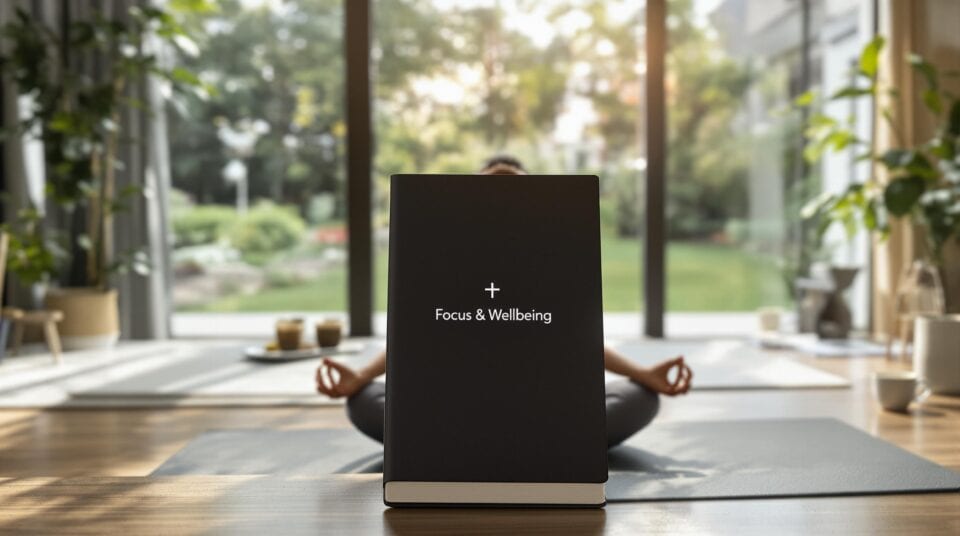Person meditating in bright living room with wellbeing notebook nearby