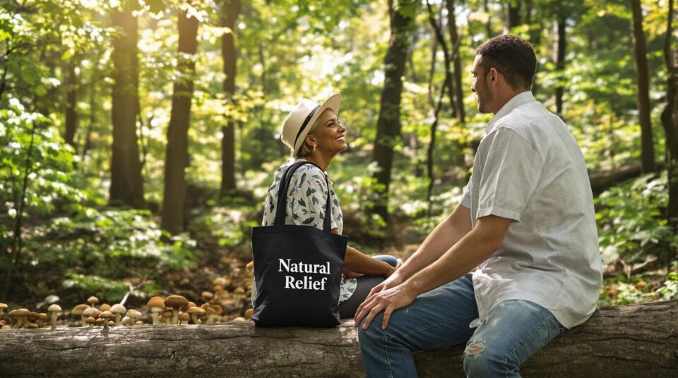 Two people chatting in a forest with visible mushrooms and Natural Relief text on a tote bag