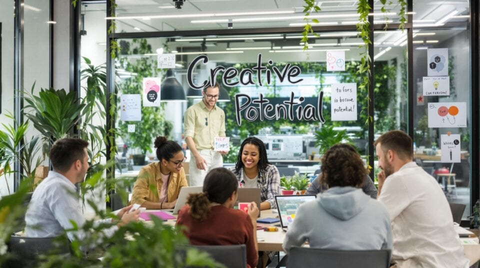 Coworkers brainstorm together in a bright workspace, ‘Creative Potential’ written on glass