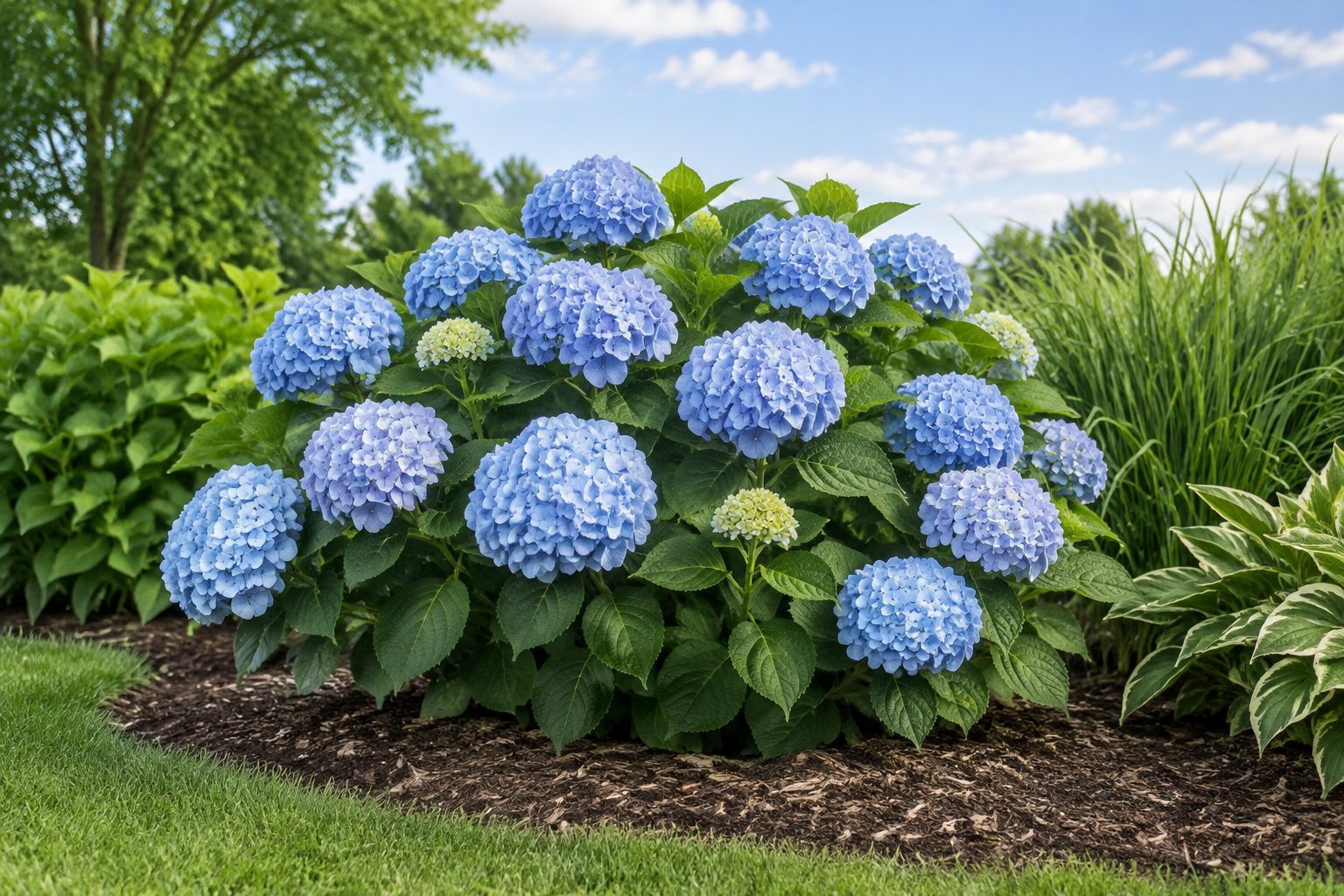 Soft blue flowers and green leaves in a garden.