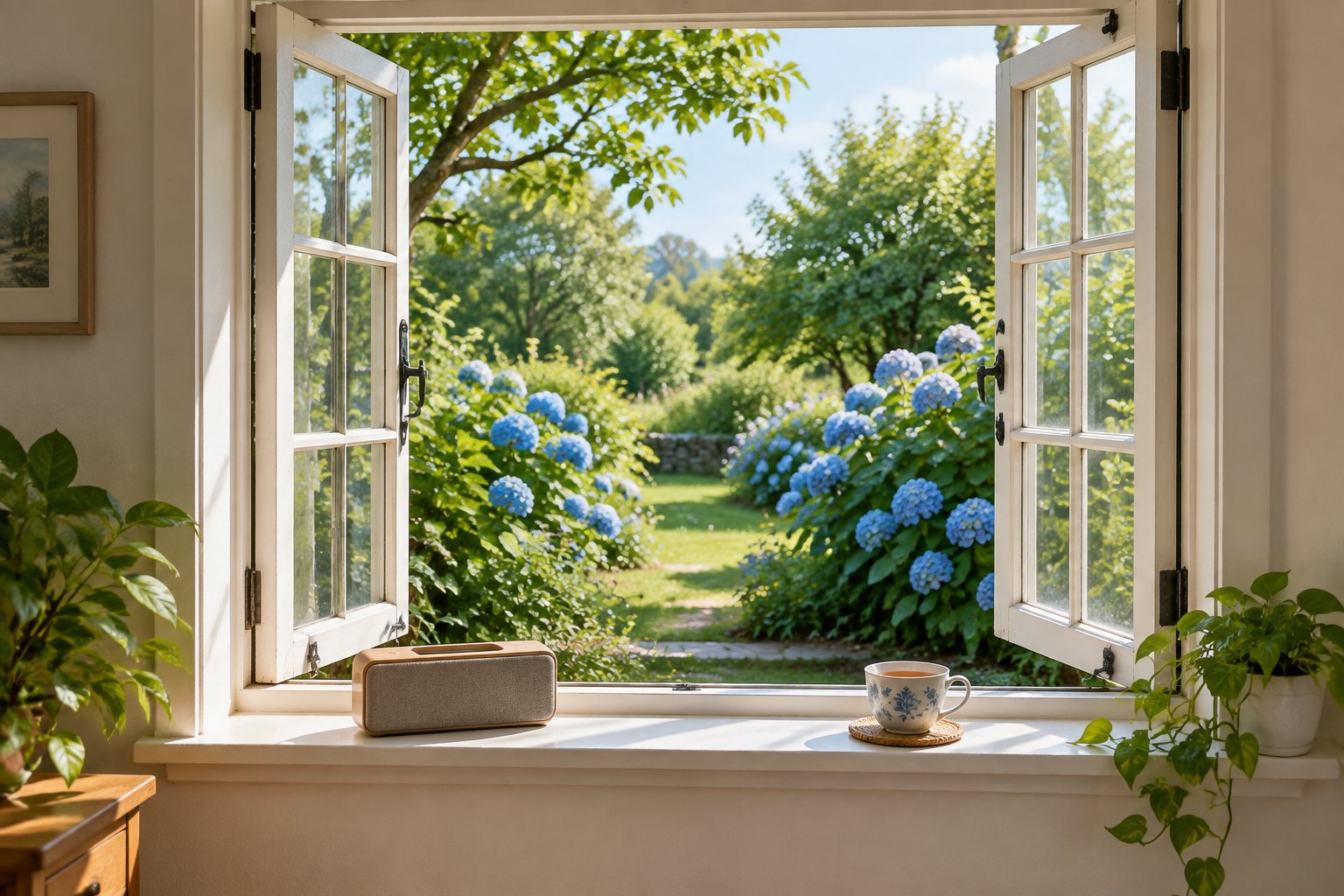 A sunlit window with a cup of tea and blue flowers in the garden.
