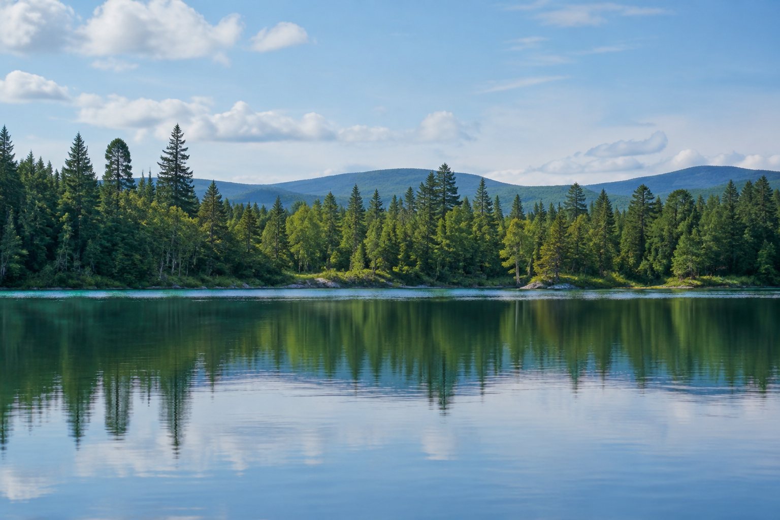 A calm lake and trees in soft daylight.