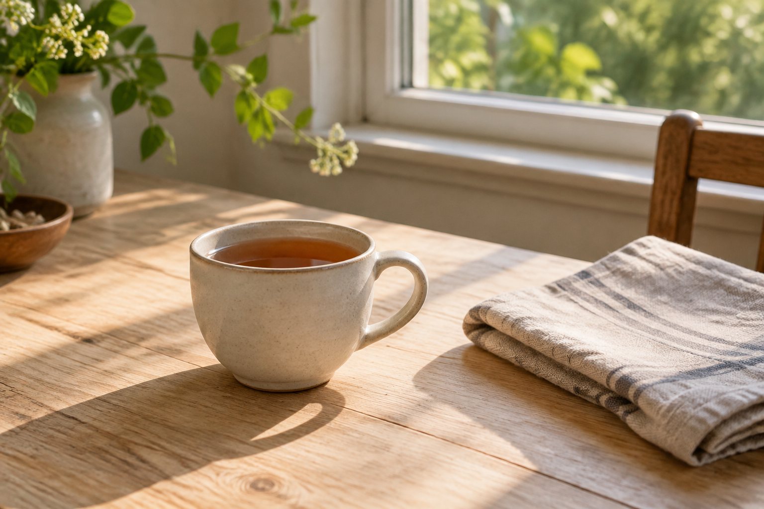 A cup of tea and a folded napkin on a morning table.