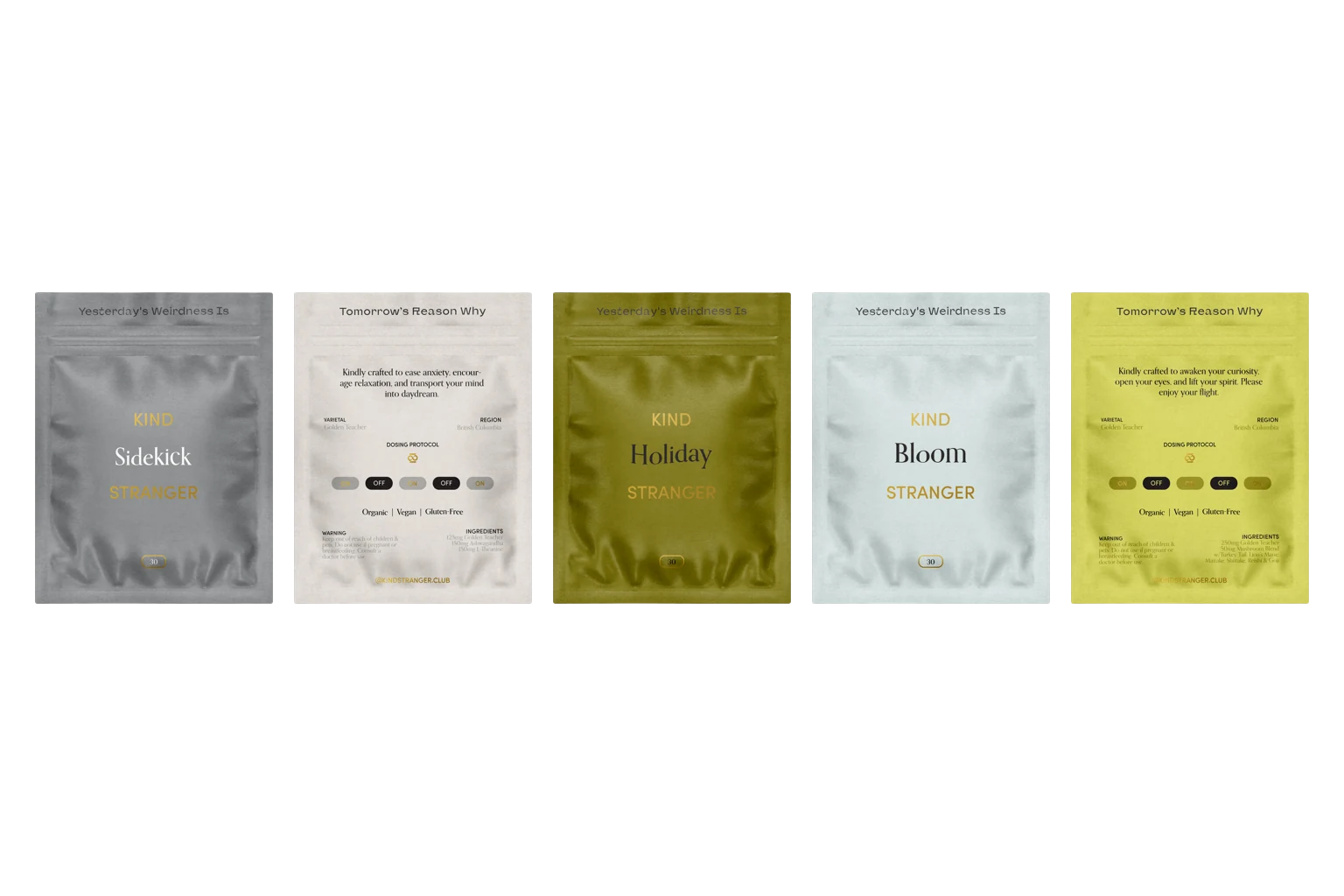 Kind Stranger Sidekick, Daydream, Holiday, Bloom and Brighten packs in a row.