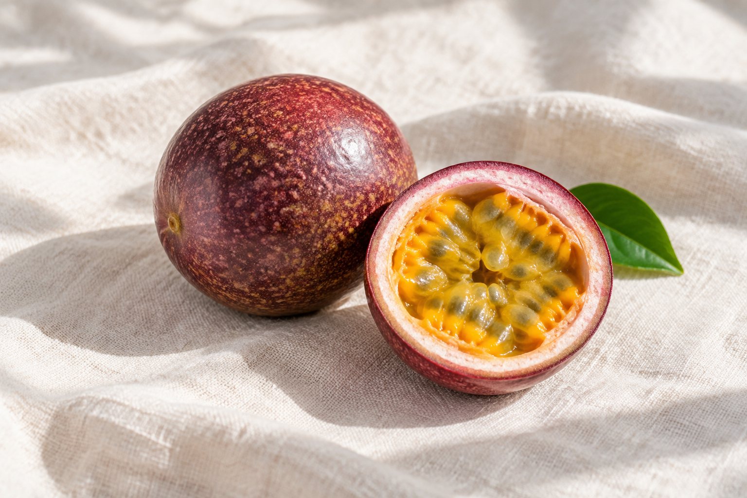 A whole passionfruit and a cut half on a pale linen cloth, with a small green leaf.